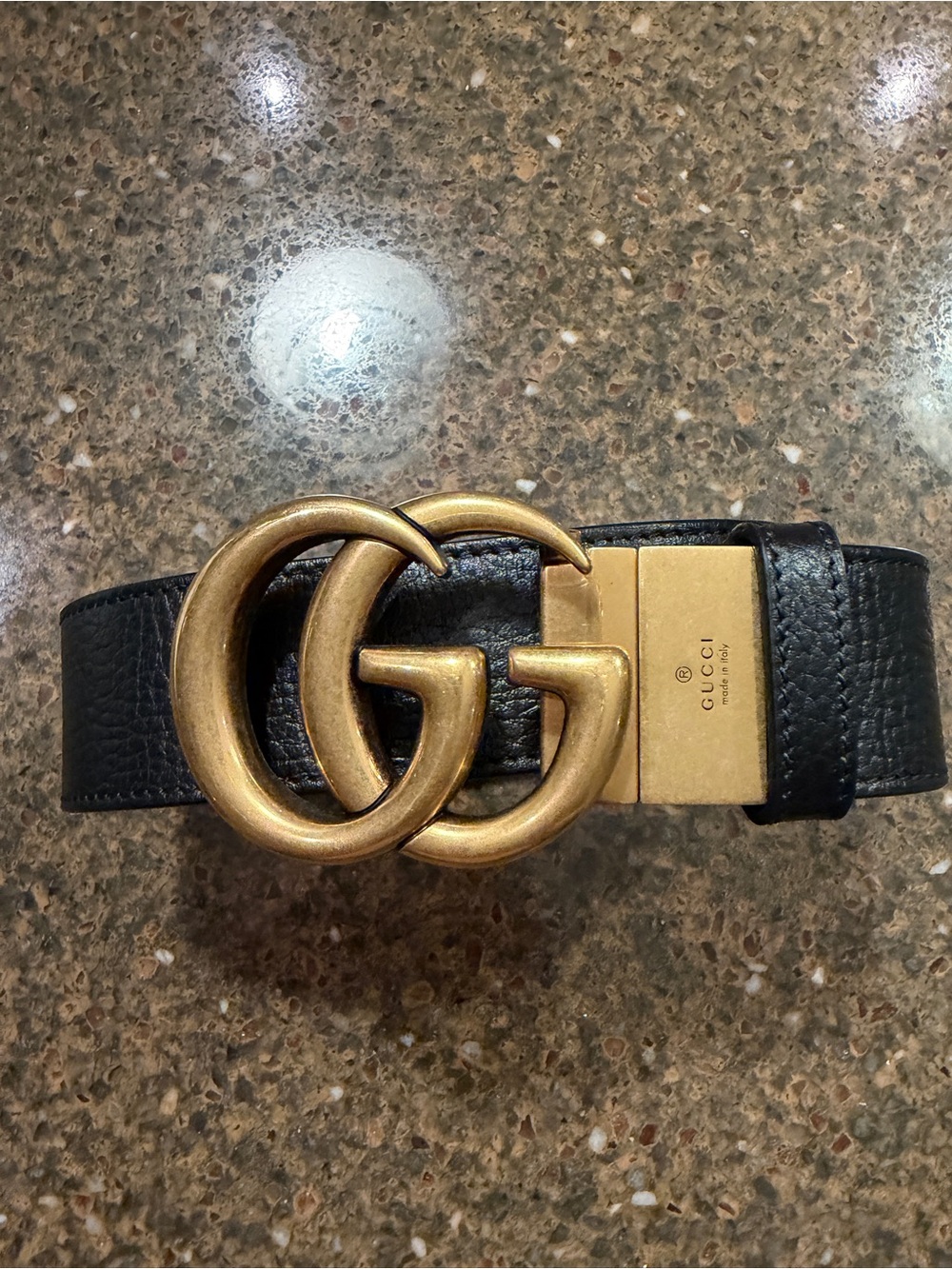 Men’s Gucci Black Leather Belt with Aged Gold Double G Buckle